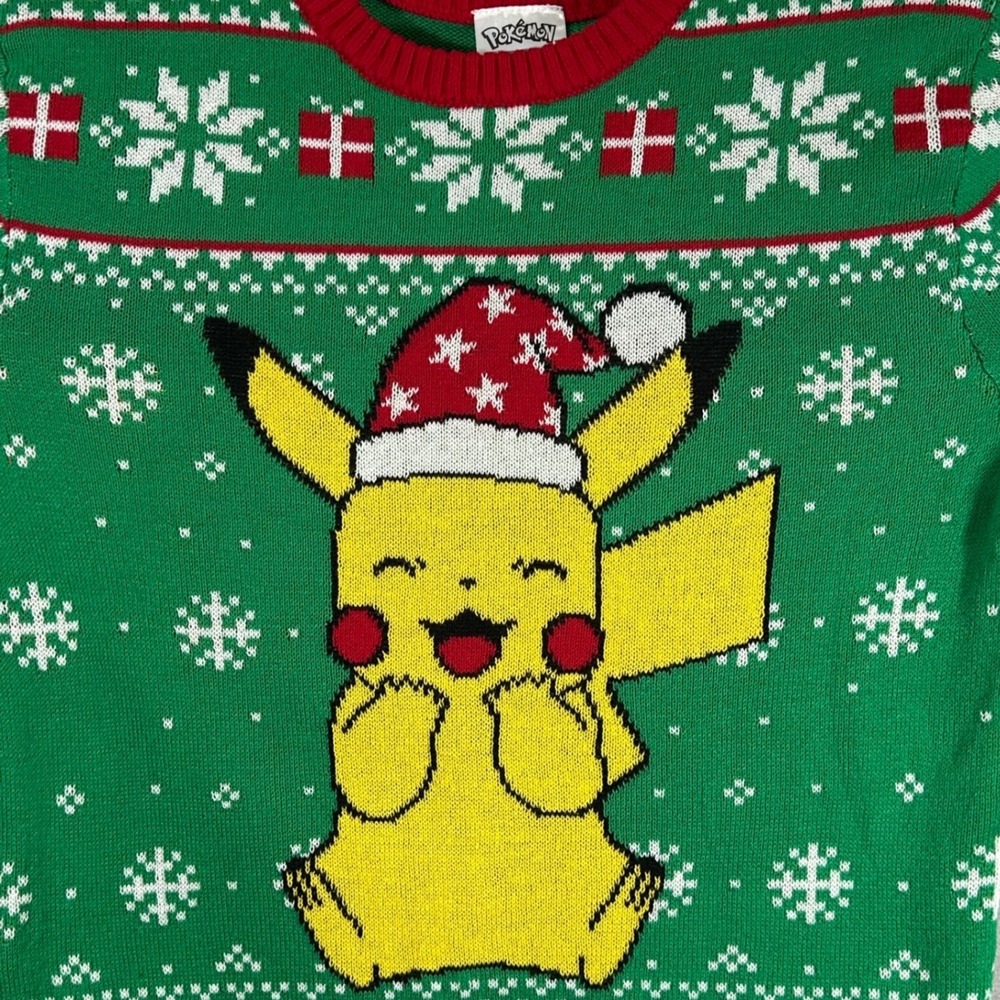 Pokemon Pikachu Christmas Holiday Sweater Green Red Kids Size XL 14-16 New